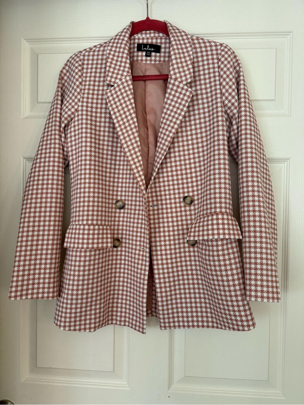 Lulu's Pink and White Houndstooth Double-Breasted Blazer Jacket and Trousers